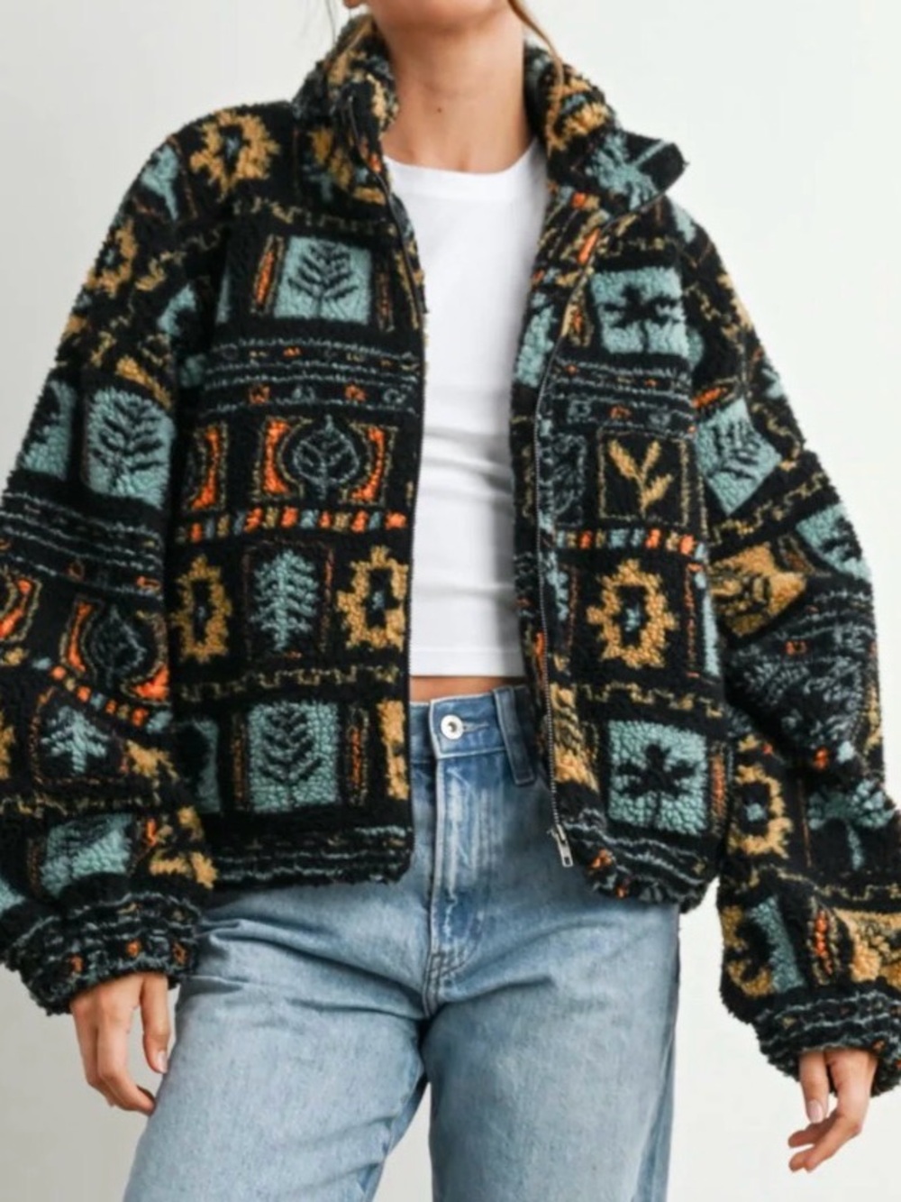 NWOT Buttermelon Black Patterned Sherpa Jacket - Multicolor